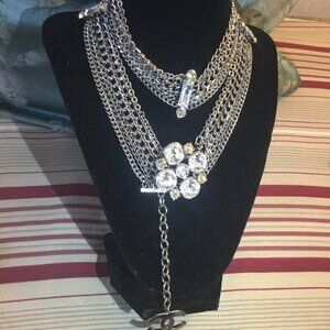 CHANEL ICONIC SWAROVSKI CRYSTAL FLOWER AND EMBLLSHD SILVER CHAIN BELT/NECKLACE
